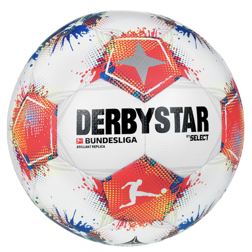 A white Derbystar Bundesliga Brillant Replica soccer ball with colorful red, blue, and yellow splash graphics and the official league logo.