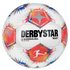 A white Derbystar Bundesliga Brillant Replica soccer ball with colorful red, blue, and yellow splash graphics and the official league logo.