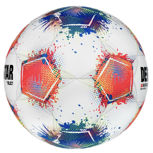 White soccer ball with colorful red, blue, and yellow paint-splatter graphics, featuring Derbystar and Bundesliga logos, isolated on a black background.