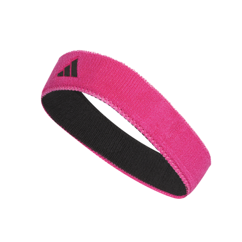 A pink Adidas athletic headband with a black interior and a small black logo, shown against a solid black background.
