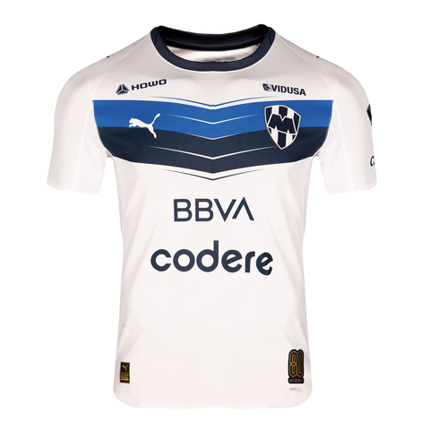 White C.F. Monterrey Puma soccer jersey featuring a blue chevron chest pattern, club crest, and BBVA and Codere sponsor logos.
