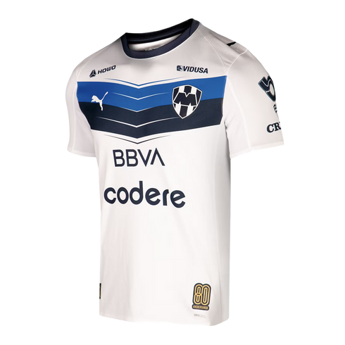 White CF Monterrey (Rayados) soccer jersey featuring a blue chevron design across the chest, club crest, Puma logo, and BBVA and Codere sponsors.