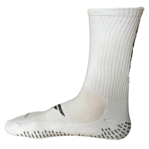 Side view of a white crew-length athletic sock with grey non-slip grip pads on the sole and a small black logo, isolated against a black background.