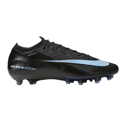 Side profile of a black Nike Air Zoom soccer cleat featuring a large light blue swoosh and "AIR ZOOM" branding on the heel.