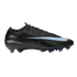 Side profile of a black Nike Air Zoom soccer cleat featuring a large light blue swoosh and "AIR ZOOM" branding on the heel.