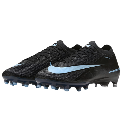 A pair of black Nike Mercurial soccer cleats with light blue accents, featuring a large Swoosh and "AIR" branding on the side, set against a black background.