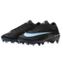 A pair of black Nike Mercurial soccer cleats with light blue accents, featuring a large Swoosh and "AIR" branding on the side, set against a black background.