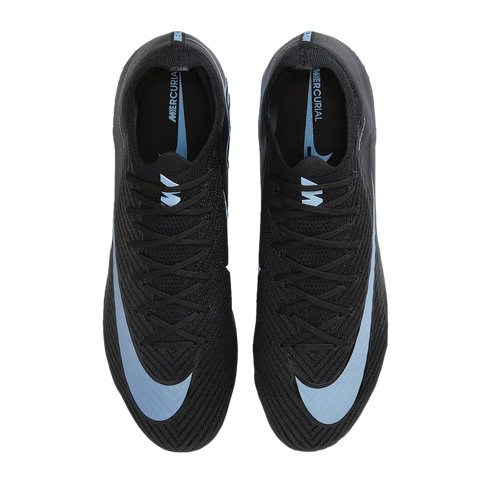 Top-down view of black Nike Mercurial soccer cleats with light blue Nike swooshes and interior branding.