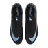 Top-down view of black Nike Mercurial soccer cleats with light blue Nike swooshes and interior branding.