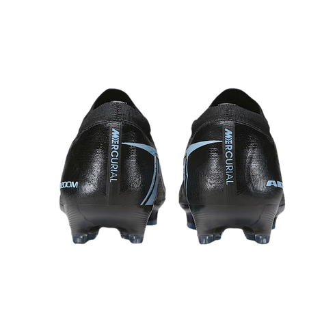 Rear view of a pair of black Nike Mercurial soccer cleats with light blue accents and vertical branding on the heels.