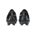 Rear view of a pair of black Nike Mercurial soccer cleats with light blue accents and vertical branding on the heels.