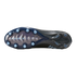 The bottom view of a Nike soccer cleat with a dark blue and black soleplate, light blue conical studs, and "AIR ZOOM" branding.