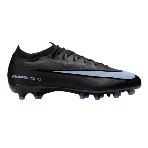 Black Nike Air Zoom Mercurial Vapor soccer cleat featuring a large light blue swoosh and branding on the heel, shown in profile against a black background.