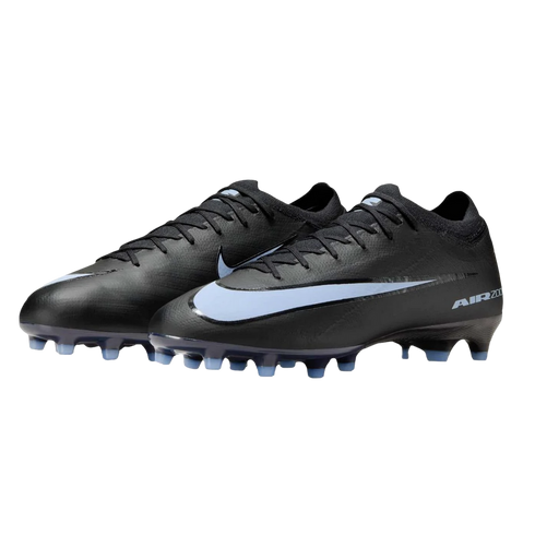 Pair of black Nike Mercurial Air Zoom soccer cleats with light blue swooshes and studs against a black background.
