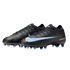 Pair of black Nike Mercurial Air Zoom soccer cleats with light blue swooshes and studs against a black background.
