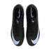 Top-down view of a pair of black Nike Mercurial soccer cleats with large white swooshes against a black background.