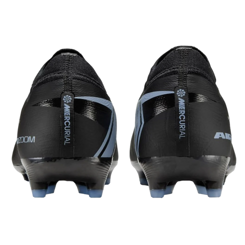 Rear view of a pair of black Nike Mercurial soccer cleats with light blue accents.