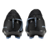 Rear view of a pair of black Nike Mercurial soccer cleats with light blue accents.