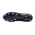 The underside of a dark navy soccer cleat with light blue circular studs, shown against a solid black background.