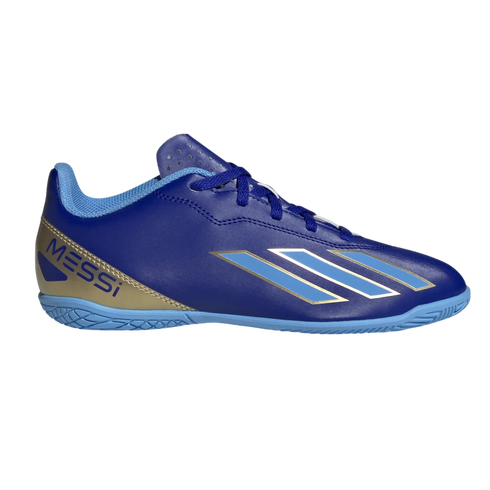 Royal blue Messi indoor soccer shoe with light blue stripes, a gold heel section with "MESSI" text, and a light blue rubber sole.