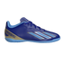 Royal blue Messi indoor soccer shoe with light blue stripes, a gold heel section with "MESSI" text, and a light blue rubber sole.