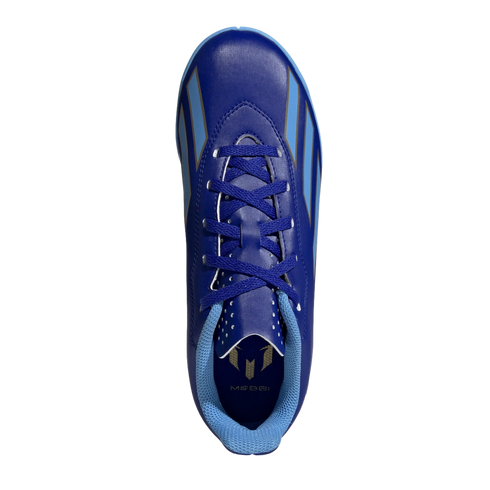 Top-down view of a blue and light blue Adidas Messi soccer shoe on a black background.