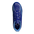 Top-down view of a blue and light blue Adidas Messi soccer shoe on a black background.