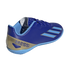 A blue Adidas soccer shoe with "MESSI" in blue on a gold heel. It has light blue stripes and sole, shown against a black background.