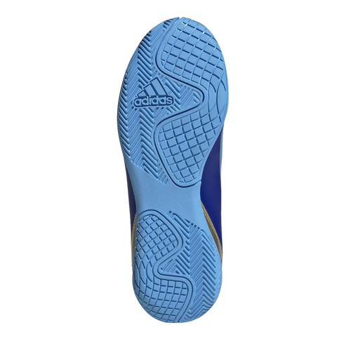 The light blue outsole of an Adidas shoe, featuring a combination of herringbone and grid traction patterns.