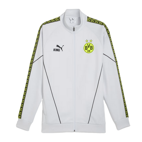 White Puma track jacket with Borussia Dortmund crest, black 'KING' logo, and yellow and black patterned sleeve tape.