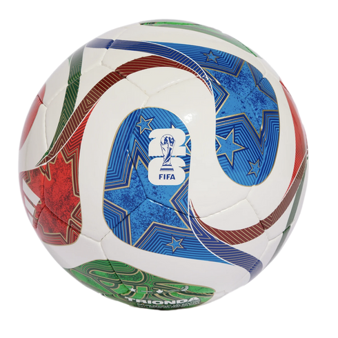 A white soccer ball with vibrant blue, red, and green geometric patterns and stars. The center features the 2026 FIFA World Cup logo and trophy.