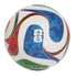A white soccer ball with vibrant blue, red, and green geometric patterns and stars. The center features the 2026 FIFA World Cup logo and trophy.