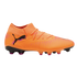 Bright orange Puma soccer boot with a black cat logo, textured upper, and sock-like collar. It features a black sole with pink-tipped studs, set against a black background.