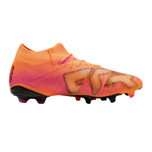 An orange and pink Puma Future soccer boot with a textured upper and sock-like collar, shown in profile on a black background.