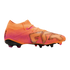An orange and pink Puma Future soccer boot with a textured upper and sock-like collar, shown in profile on a black background.