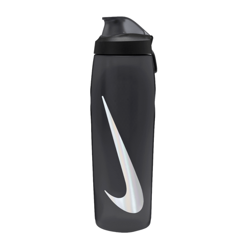 Matte black Nike water bottle featuring a large iridescent swoosh logo and a black flip-top lid, set against a black background.