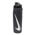 Matte black Nike water bottle featuring a large iridescent swoosh logo and a black flip-top lid, set against a black background.
