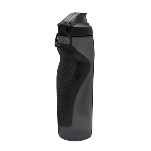A smoke grey Nike water bottle with a black flip-top lid and a textured grip panel, set against a black background.