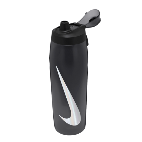 A dark translucent Nike water bottle featuring a large iridescent swoosh logo and an open flip-top lid, set against a solid black background.