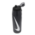 A dark translucent Nike water bottle featuring a large iridescent swoosh logo and an open flip-top lid, set against a solid black background.