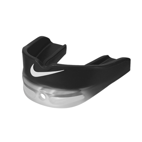 A black and translucent Nike mouthguard with a white swoosh logo on the front, set against a solid black background.