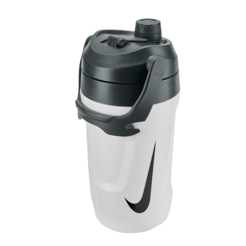 A white Nike water bottle with a black lid, a large integrated carrying handle, and a black swoosh logo on the front, isolated on a black background.