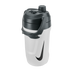 A white Nike water bottle with a black lid, a large integrated carrying handle, and a black swoosh logo on the front, isolated on a black background.