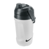A white Nike water jug with a dark gray lid, side handle, and screw-top cap. It features a textured grip and black Nike swoosh logos.