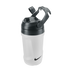 White Nike water bottle with a black flip-top lid, integrated handle, and swoosh logos, shown against a solid black background.