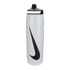 Semi-transparent white Nike water bottle with a black swoosh logo and black pull-top lid, isolated on a black background.
