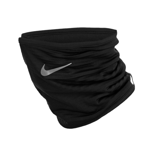 A black Nike neck gaiter with a silver reflective swoosh logo on ruched fabric.