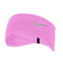 A bright pink Nike athletic headband with a reflective silver swoosh logo, contoured for ear coverage, set against a black background.
