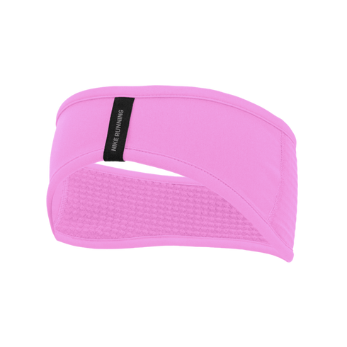 A bright pink Nike Running headband with a small black brand tag on the front, set against a solid black background.