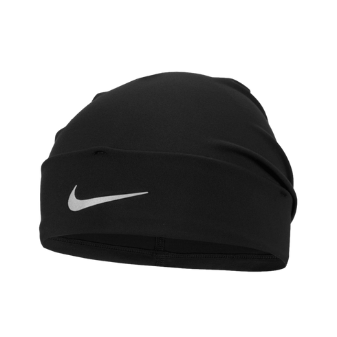 A black Nike athletic beanie featuring a white swoosh logo on the front cuff, set against a black background.